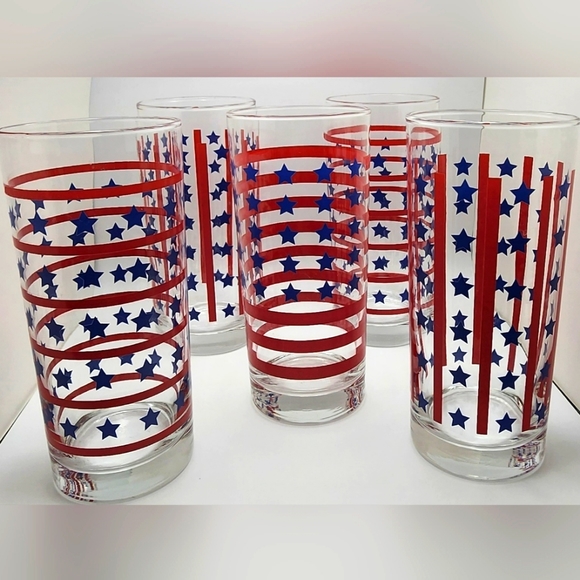 Other - 4th of July Mid-Century Modern Stars & Stripes Glasses. Red White Blue Set of 5